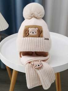 2pcs Teddy Bear Knit Hat & Scarf Set, Thick Warm Knitted Beanie, Suitable For Outdoor Use In Winter, Holiday Outfit, Comfortable Winter Holiday, Washable, Warm Fabric, Winter Accessory, Holiday Outfit Autumn Decor