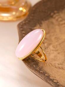 1 pieza de anillo ajustable de acero inoxidable con diseño de gema ovalada de moda, chapado en oro de 18k, adecuado para uso diario de mujeres, citas festivas, compromisos, bodas, accesorio que puede regalarse a amantes, amigos y familiares