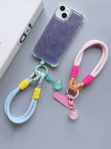 Cordón corto para teléfono con colgante de corazón de dos colores, correa de muñeca corta, cordón colgante reforzado, clip de teléfono lindo