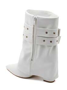 Bottines Femme Talon Bas Avec Doubles Boucles Dorées – Style élégant En Simili Cuir - White - View 3