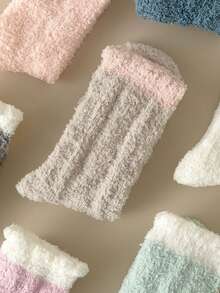 1/2/3/4/5/6/7/8 Pairs Women Autumn/Winter Coral Fleece Contrast Color Cuff Comfortable Warm Sleep Socks, Cozy Socks - Multicolor - View 3