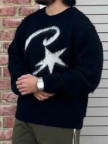 男女皆宜的复古休闲宽松圆领毛衣，饰有星形图案，轻盈舒适，适合春、秋、冬季穿着。