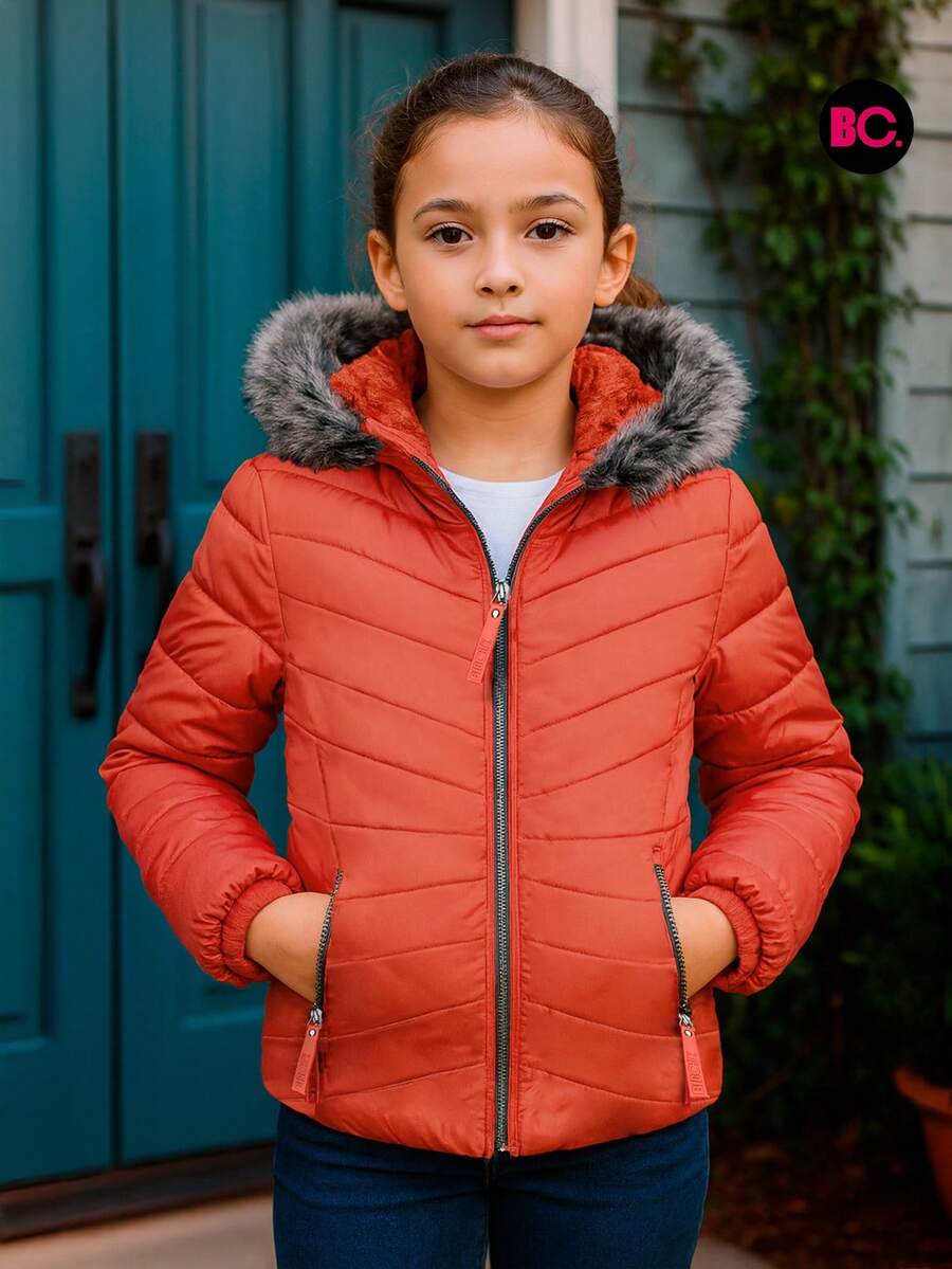 Big City Chamarra Básica Niña Acolchada Afelpado Interno Casual Moda Con Gorro - Coral - Ver 1