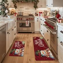 1/2 pièces Tapis de sol de Noël, fond rouge luxueux orné de bonhommes de neige blancs, de cloches dorées et de motifs de cadeaux de Noël. Tapis de sol de cuisine thème Joie, décoration d'atmosphère de Noël, parfait pour le bureau, la cuisine, la chambre, la décoration de la maison, créant une atmosphère joyeuse et exquise. - Multicolore - Voir 2