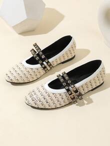 Sapatilhas Femininas de Outono/Inverno com Tiras Trançadas, Fivela e Bico Redondo, Tipo Mary Jane, Estilo Balé