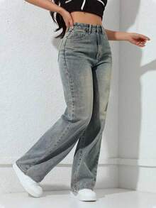 Teenage Girls' Minimalist Fashion Casual Straight Leg Jeans With Pockets - Light Wash - View 4