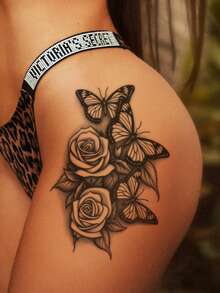 STARTTOOS 1 pieza Tatuaje temporal para el Body con diseño de flor misteriosa y mariposa de color negro para el pecho, la espalda o el brazo - Negro - Ver 2