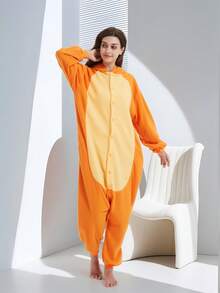 Unisex Orange Dragon One-Piece Pajamas Hooded Cartoon Jumpsuit Fall Winter Christmas Animal Cosplay One Piece Pajamas, Funny One Piece Outfit For Halloween Party - 橘色 - 查看 4