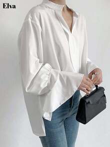 Elva Solid Color Chiffon V-Neck Long Sleeved Trumpet Sleeve White Loose Casual Daily Office Korean Version Fall Women Clothes Casual Outgoing Vacation Office Commuting Christmas Button Up Women's Shirt