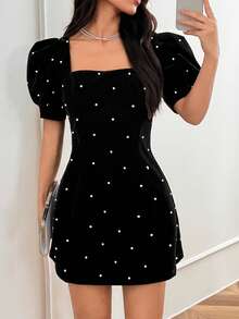 优雅法式浪漫派对礼服，泡泡袖珍珠缀饰迷你连衣裙，适合生日派对、约会 - 黑色 - 查看 6