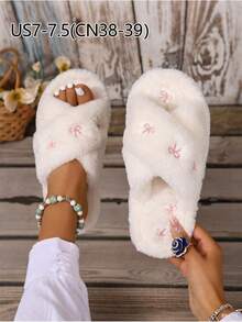 1pair Women's Cozy Faux Fur Slip-On Slippers With Pink Bow Embroidery - Stylish All-Season Indoor Flat Shoes, Casual Comfort Wear, Hand Washable, Casual Footwear | Stylish Slippers | Soft Texture,Women's Faux Fur Embroidered Slippers With Pockets, Sole For Noise Reduction, All-Season Indoor House Shoes, Ladies Slippers, Comfortable Footwear, Elegant Slipper Design
