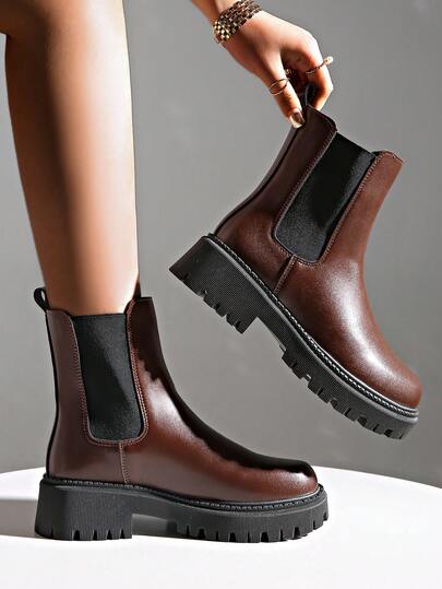 Dam Nya Enfärgade Korta Stövlar med Grov Klack, Höst/Vinter Mode Chelsea Stövlar Mångsidiga Rund Tå Elastiska Ankelstövlar, Ankelstövlar & Stövletter, Höst, Brun, Elegant