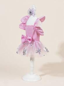 一套宠物薄纱婚纱，带领结，可爱印花连衣裙+领结宠物服装，弹力网纱公主宠物裙，适合猫狗 - 彩色 - 查看 5