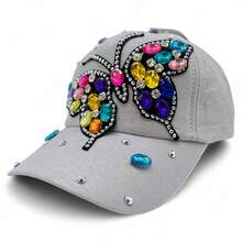 "Rainbow Butterfly" Bling Bling Bead BASEBALL CAP Adjustable, UV Protection, Perfect For Outdoor Activities, Casual - Bạc - Xem 1