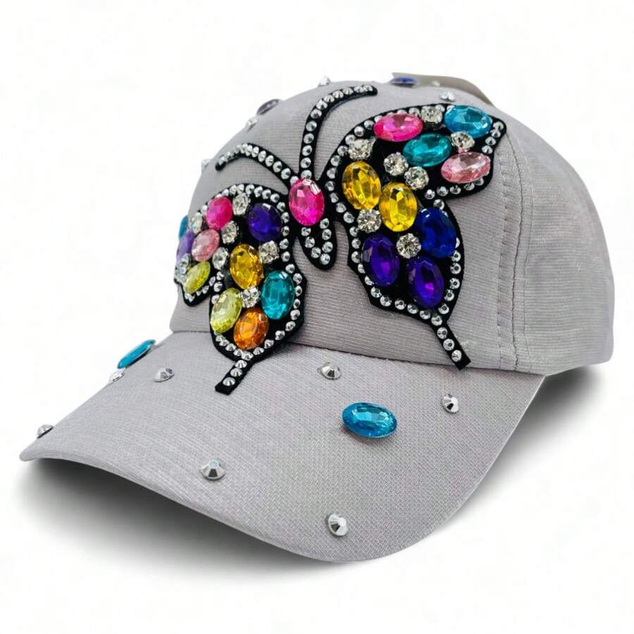 "Rainbow Butterfly" Bling Bling Bead BASEBALL CAP Adjustable, UV Protection, Perfect For Outdoor Activities, Casual - Bạc - Xem 1