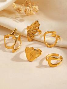 5pcs Stainless Steel 18K Gold Plated Geometric Heart & Circle Ring Set, Fashionable Jewelry Suitable For Women's Daily Wear, Party, And Holiday Gifts - Multicolor - View 5