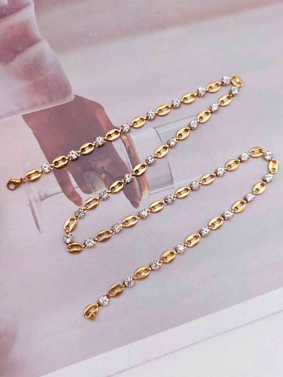 1pc Stainless Steel Coffee Bean & Zirconia Stone Necklace, Elegant Personalized Women Clavicle Chain - 50cm Golden Coffee Bean Necklace - View 1