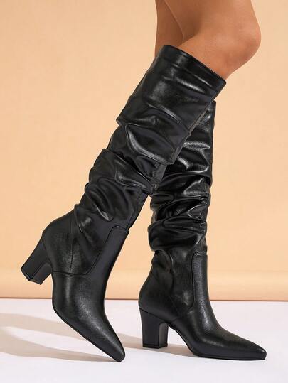 Women's Fashionable Hot-Selling Pointed Toe Pleated High Heel Suede & Leather Over-The-Knee Slip-On Boots, Fall, Winter, Autumn, Black,Party