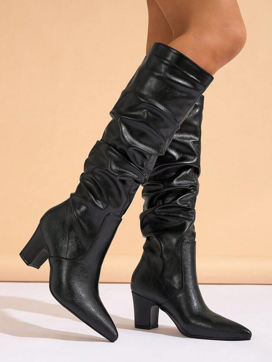 女士时尚热销尖头褶皱高跟绒面革和皮革过膝套穿靴，秋季、冬季、秋冬季，黑色，派对