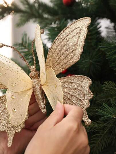 2 件闪光圣诞树蝴蝶挂饰，带夹子的镂空蝴蝶圣诞装饰，圣诞树人造蝴蝶挂饰，DIY 圣诞花环装饰，婚礼家居花环生日庆祝，圣诞树花环派对婚礼装饰 - 金色
