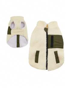 1pc Beige Fleece Lambswool Zipper Pocket Patchwork Pet Jacket Suitable For Cats/Small Dogs Autumn Winter Outdoor Warm Coat - Beige - View 14