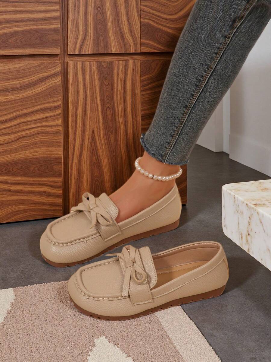 Women's Spring/Autumn New Collegiate Style Bow Decor Loafers, Non-Slip, Lightweight, Comfortable Soft Sole, Fashionable Mother Shoes - Khaki - View 1