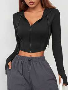 1pc Women's Lightweight Sporty Jacket, Short Zip-Up Outerwear, Fashion Streetwear, With Thumb Holes, Suitable For Gym, Outdoor, Casual Workout, Commuting, Autumn/Winter - Black - View 3