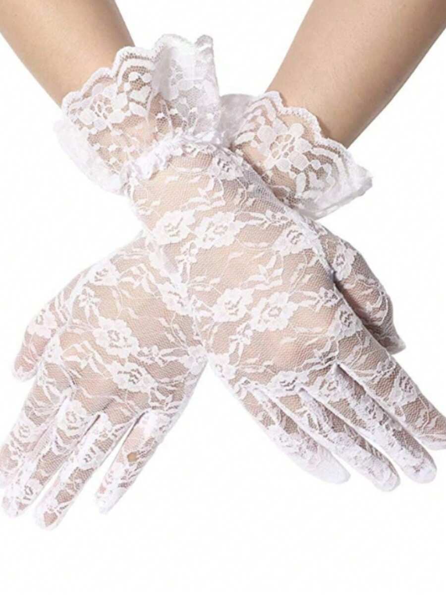 一双白色蕾丝女士手套,适合派对、婚礼、歌剧、下午茶等场合。女士秋季服饰。 - 白色 - 查看 1