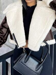 Women's Street Lapel Zip Up Rollable Cuff Teddy Lined PU Leather Crop Moto Jacket Coat Autumn And Winter - Brown - View 4