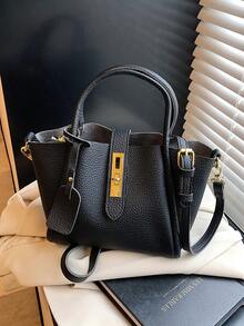 Bolso de cesta de moda para mujer, adecuado para salir, citas, ir al trabajo, puede contener cuaderno, cosméticos, billetera, teléfono, bolso de hombro con decoración de candado, estilo elegante para señoritas jóvenes