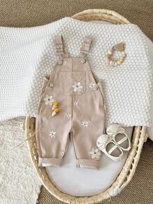 Baby Girls' Casual All-Over Embroidered Floral Light Blue Suspender Pants, Summer