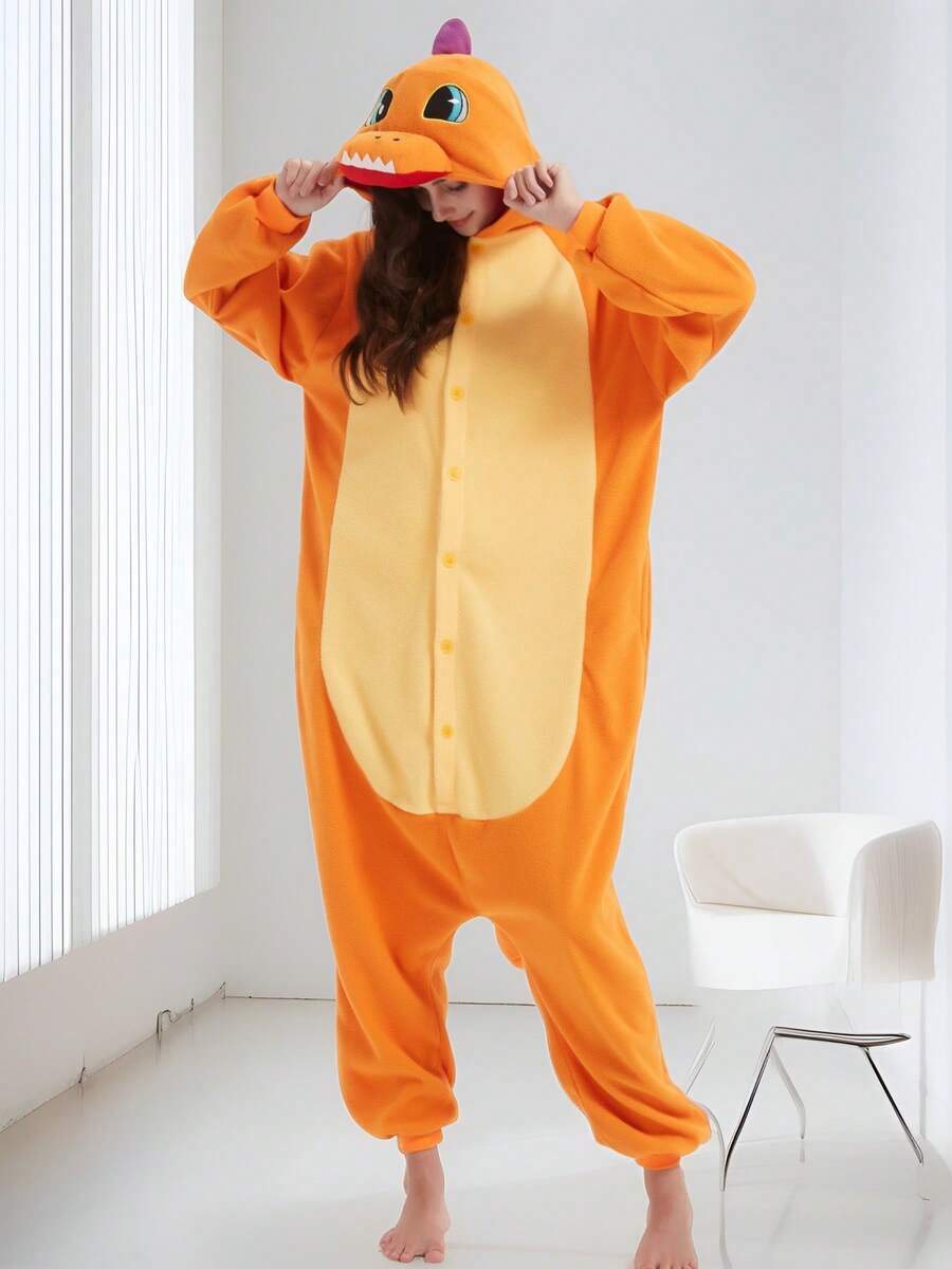 Unisex Orange Dragon One-Piece Pajamas Hooded Cartoon Jumpsuit Fall Winter Christmas Animal Cosplay One Piece Pajamas, Funny One Piece Outfit For Halloween Party - 橘色 - 查看 1