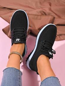 大码女士畅销百搭轻便休闲运动鞋，时尚舒适针织/系带/双色鞋底跑步鞋 - 黑色 - 查看 6