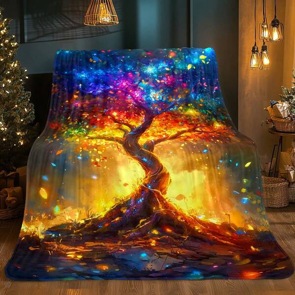 1pc Tree Of Life Pattern Print Blanket - Lightweight Flannel Throw Sofa, Bed, Travel, Livingroom, Office, Couch And Bed - Digital Printing Fleece Blanket With Soft And Warm Flannel Fabric, Gifts Family Or Friend