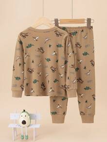 2件套幼儿男童卡通恐龙印花100%纯棉加厚长袖上衣和裤子睡衣套装