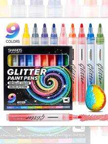 1 Set Of 9 Colors SHANDS Brand Glitter Paint Pens, Metallic Color Valve Control System, Suitable For Art Drawing, Graffiti, Journaling, Greeting Card Design, Stationery Writing & Correction, Providing Sparkling & Glittering Effects For Creative Expression, Great For Halloween, Birthday, Christmas, New Year, Winter Holidays, Christmas Decorations, Home Desk Accessories, Christmas Gifts, Autumn Home Decor