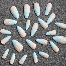 24 Pieces Medium And Long Almond Shape Summer Fresh Blue Gradual Change Silver Line Full Coverage Fake Nail Sticker - CDJ-20-5 - View 3