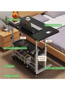 Mesa de cabecera móvil Mesa de juego Mesa de oficina con Escritorio de trabajo de estante de libros  Mesita de noche móvil para dormitorio y hogar, mesa pequeña y sencilla, escritorio de estudiante, escritorio de ordenador Perezoso  Mesa Auxiliar de Altura Ajustable para Sofá, Escritorio Móvil con Ruedas, Mesa Auxiliar en Forma de C con Almacenamiento, Mesa para Portátil Escritorio - Negro - Ver 3