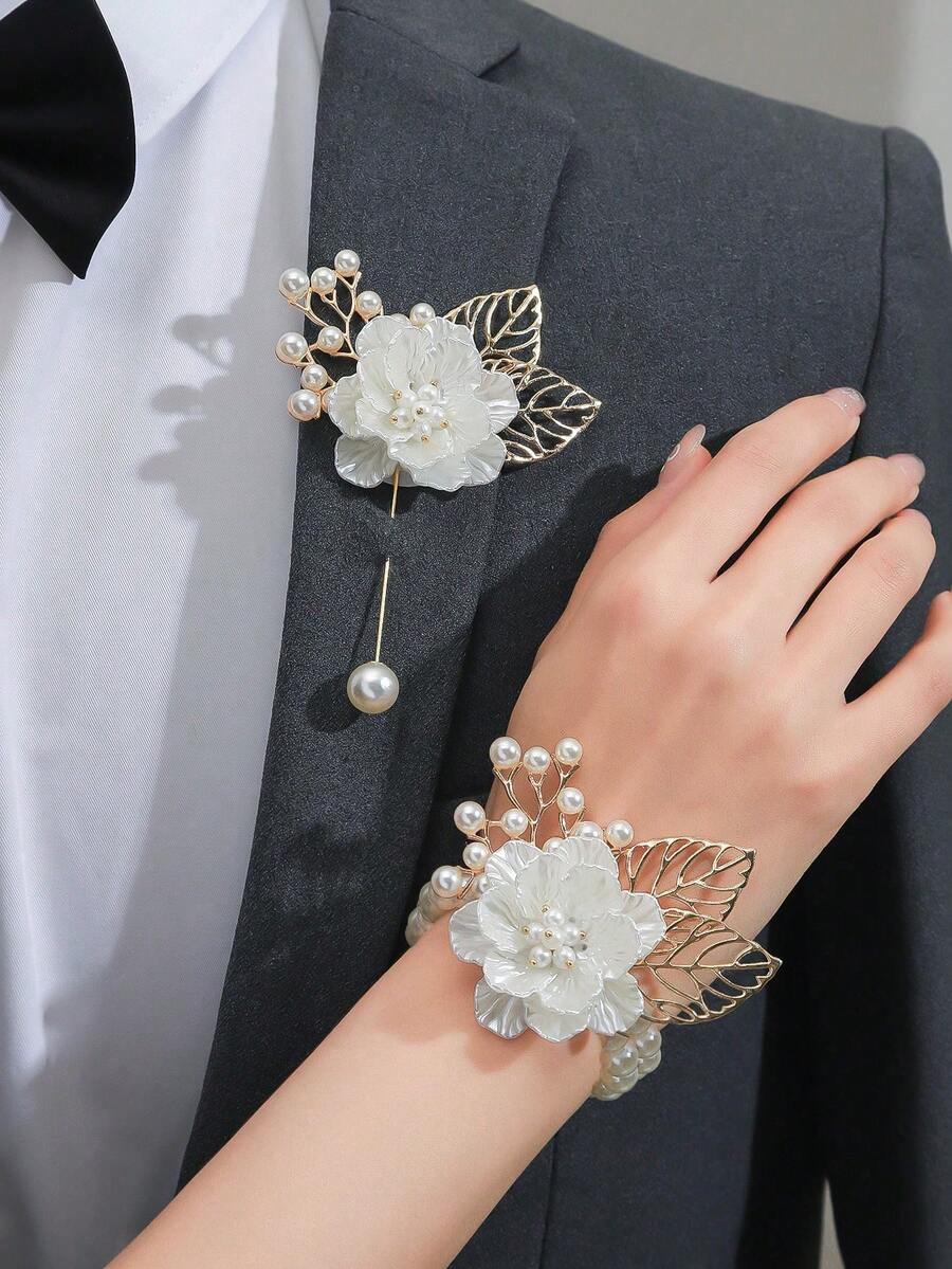 2件/1件玫瑰金金属合金胸针和腕花套装，适合新郎、新娘、婚礼、订婚、活动、派对、宴会、情人节配饰 - A - 查看 1