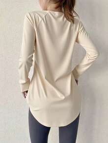 女士健身瑜伽上衣，速干运动衫，适合跑步、健身房锻炼，弹力压缩打底衫 - 杏色 - 查看 5