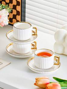 1 套陶瓷杯碟套装，陶瓷茶杯和盘子，咖啡杯碟盘，欧式金边饮具，适合早餐、茶会、下午茶、居家、花园、餐厅，四季皆宜 - 彩色 - 查看 9