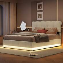 MISNODE Double Bed 140x190/140x200/160x200 Cm, Hydraulic Bed With Slatted Base, Children's Bed, Upholstered Bed, Youth Bed With Storage, Beige, Velvet, Suitable For Adults And Teenagers - 米色 - 查看 3