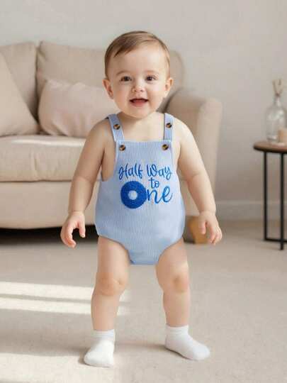 Baby Half Birthday Romper Loose Fit Letter Number Print Sleeveless Infant Jumpsuit For Daily Life And Birthday