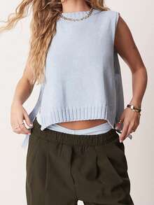 Women's Knit Tank Tops Sleeveless Crew Neck Solid Color Side Tie-Up Loose Fit Vest For Summer Spring Fall - 藍色 - 查看 6