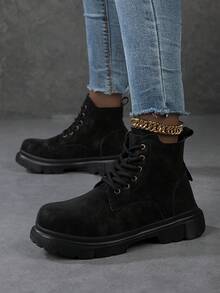 Fall/Winter 2025 New Women Minimalist Lace-Up Front Combat Boots, Outdoor Ankle Boots,Couple Style,Women Boots,Platform Boots - Black - View 3