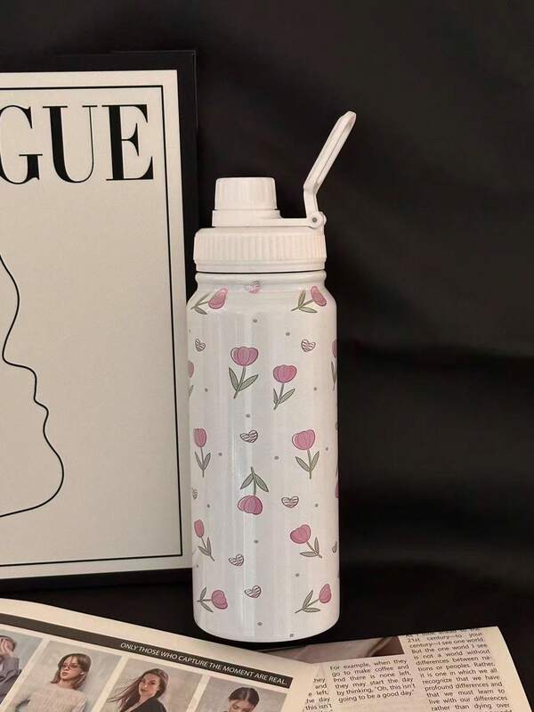 Set de 3 botellas de agua de acero inoxidable con aislamiento al vacío con forma de tulipán y corazón de 600ml, 800ml y 1000ml en color rosa, aptas para bebidas frías y calientes, gran regalo para familia, amigos o novia