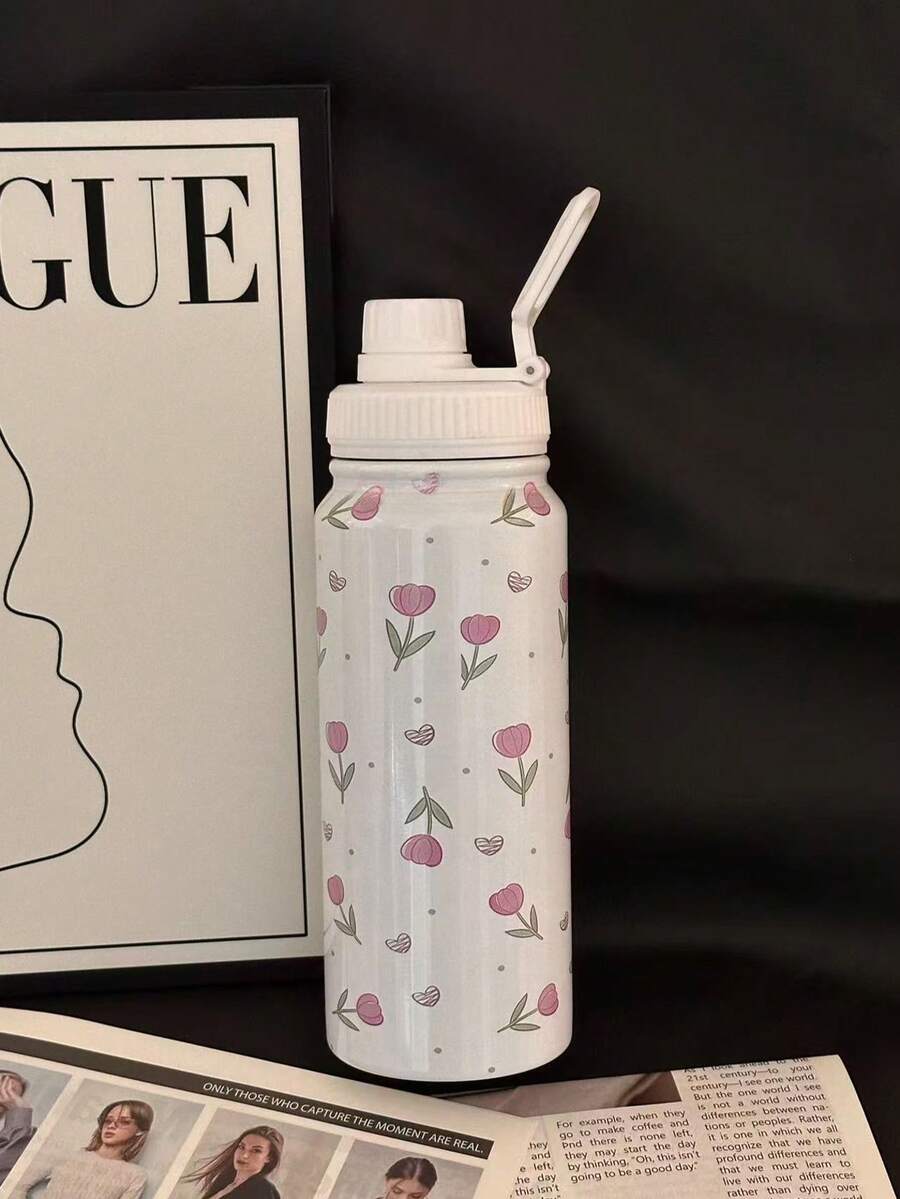 600ml、800ml、1000ml三件套粉色郁金香心形不锈钢保温水杯双层真空热饮杯，冷热皆宜，非常适合送礼，适合送给家人朋友的圣诞礼物，给女朋友的惊喜 - 彩色 - 查看 1