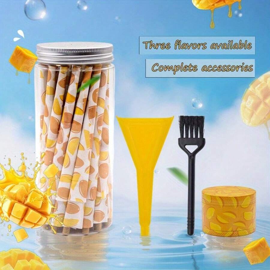 4 pièces/set Coffret cadeau d'accessoires pour fumeurs, comprenant 50 pièces de papiers à rouler pré-roulés en forme de cône avec des saveurs de fruits tropicaux, 1 pièce moulin à herbes en métal à 4 couches avec grattoir, 1 pièce remplisseur, 1 pièce brosse, outils ménagers, cadeau de Noël, accessoires pour fumeurs, fournitures de fête