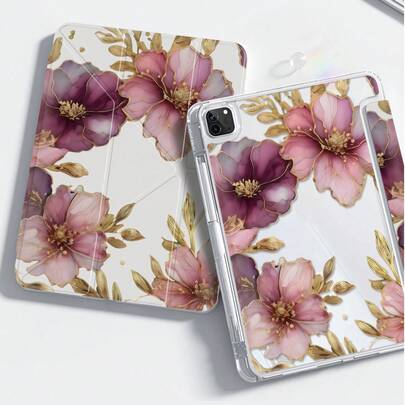 这款优雅可爱的卡通粉色镀金花卉双面亚克力透明水晶背板保护套，防震耐用，兼容iPad 7、8和10代（10.2英寸）。它内置笔槽，支持睡眠/唤醒功能和多种折叠支架模式。是万圣节和新年送礼的绝佳选择。