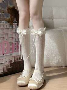 1双白色蕾丝洛丽塔过膝袜，女性化荷叶边中筒袜，日式连裤袜，洛丽塔风格，舒适袜子